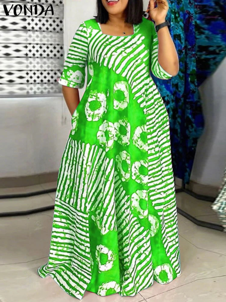 Plus Size VONDA Women Summer Party Maxi Dress Bohemian Printed Long Sundress Beach Vestidos 2025 Half Sleeve Casual Loose Robe
