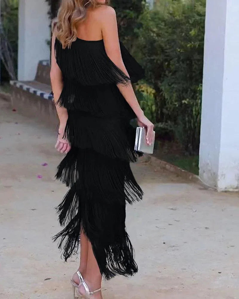 Spring and Summer New Fashion Fringed Slanted Shoulder Asymmetrical Dress for Women