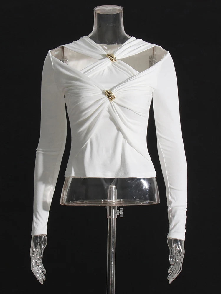 TWOTWINSTYLE Knitting White Dresses For Women V Neck Long Sleeve High Waist Hollow Out Slim Dress Female Summer 2023 Clothing