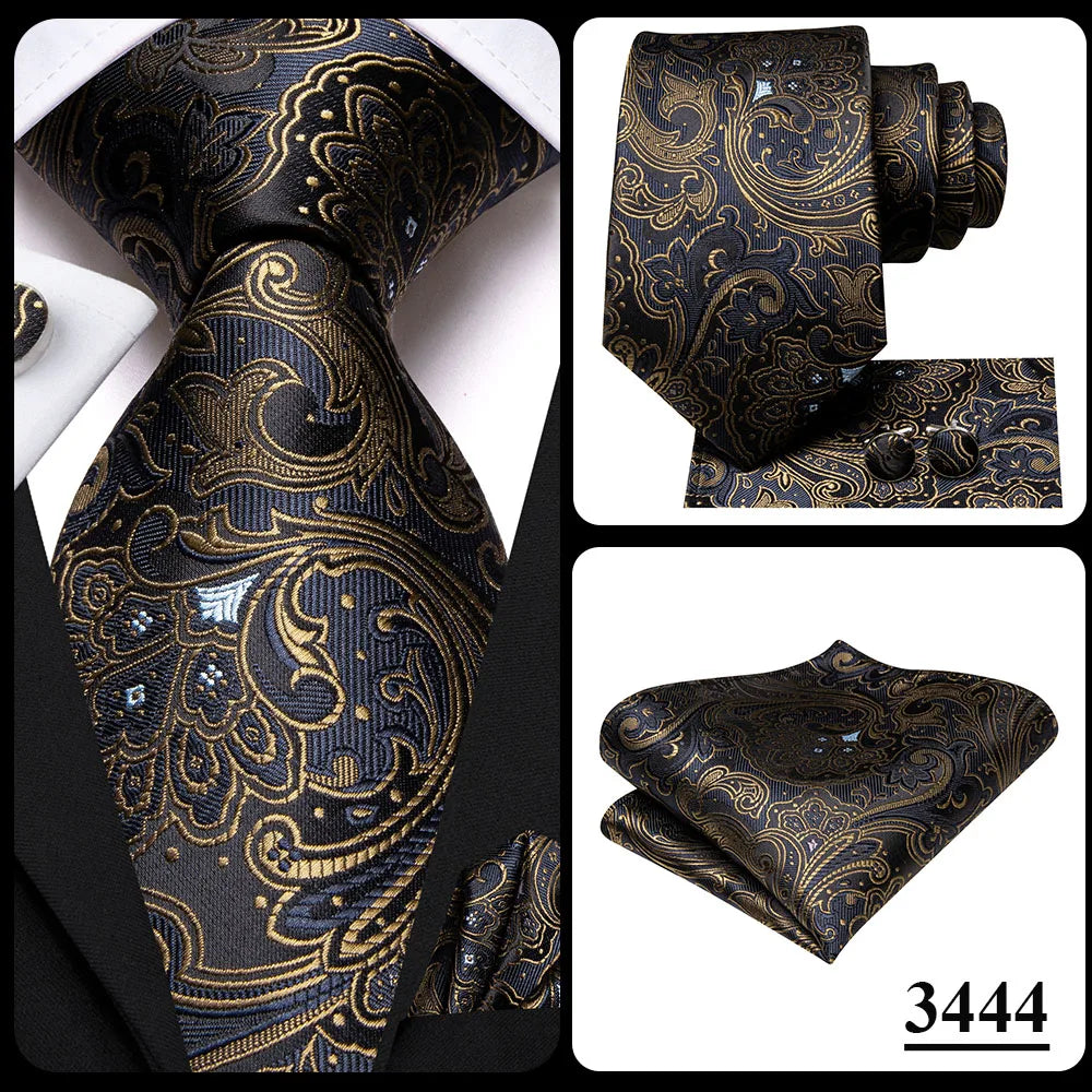 Hi-Tie Paisley Brown Tie For Men Elegant Mens Necktie Pocket Square Cufflink Groom Wedding Accessory Wholesale New Designer