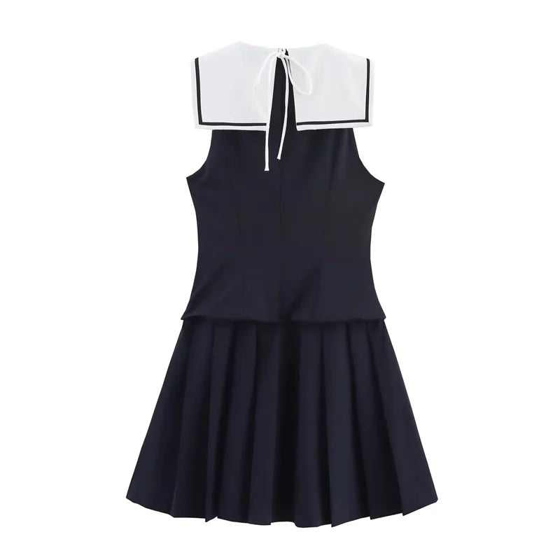Women's Dresses New Summer 2025 Sailor Suit Style Wide Pleated Cropped Dress Fashionable Color-Blocking Sexy Cute Personality