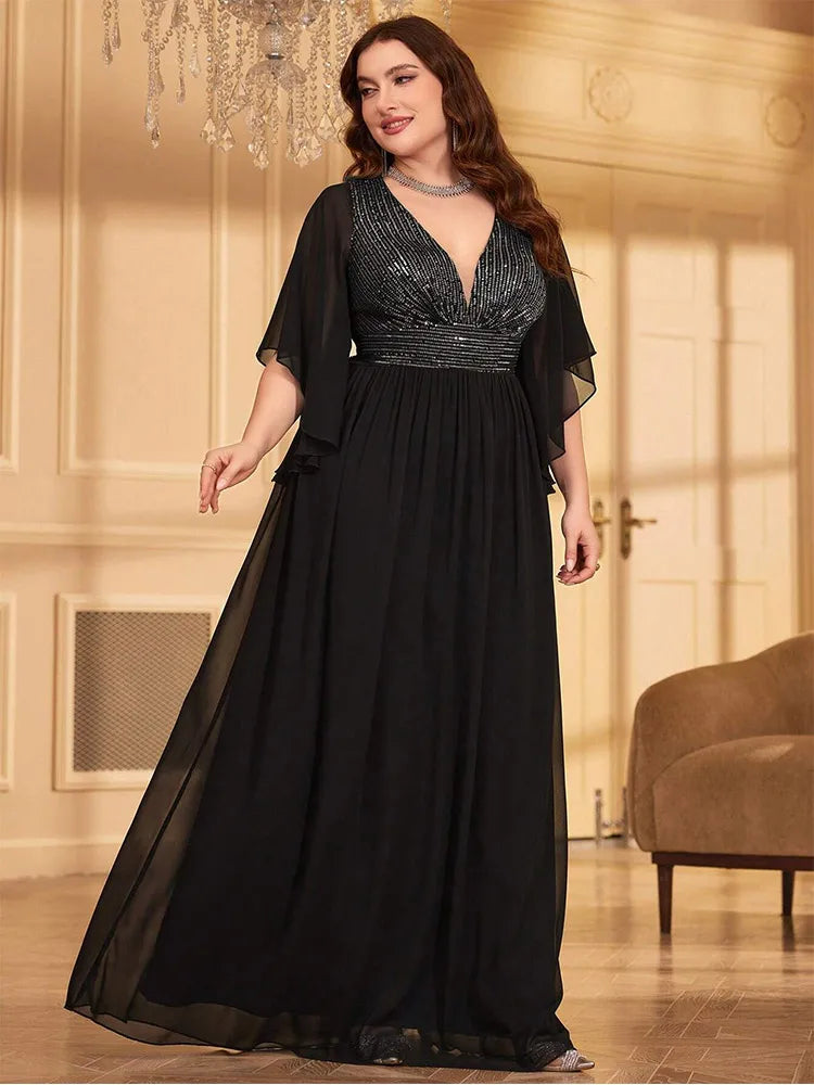 Plus Size V-Neck Black Short-Sleeved Chiffon Summer Evening Dress Bigsize Black Chiffon Floor-Length Bridesmaid Evening Dress