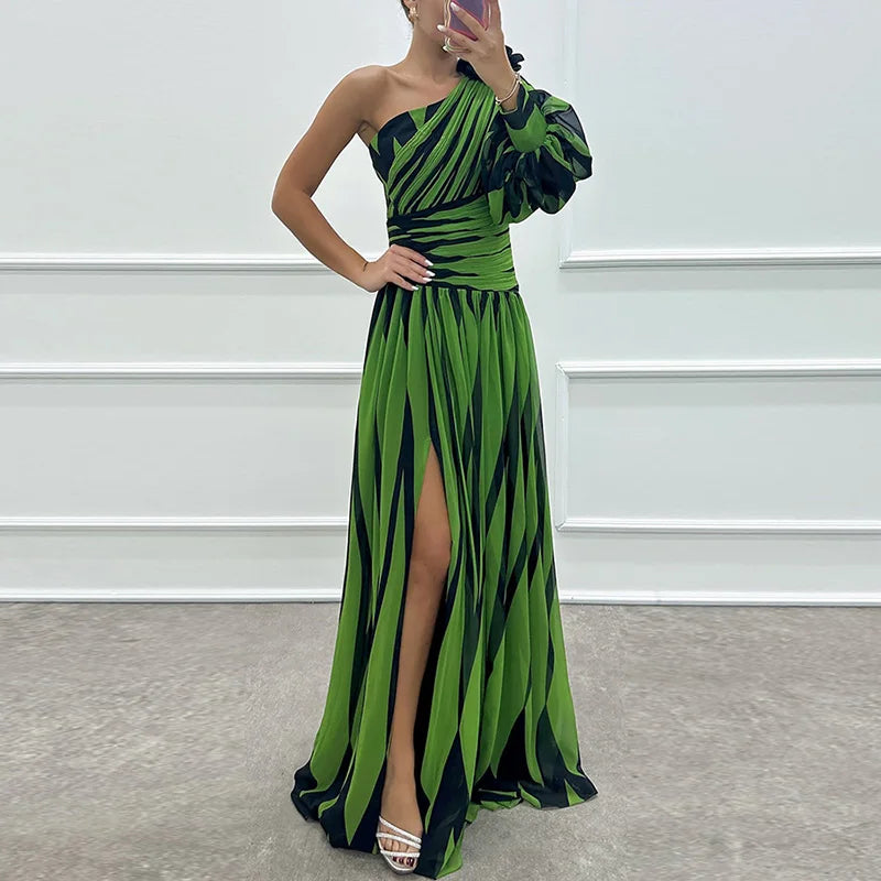 Spring Summer One Off Shoulder Fashion Party Dress, Women Printing Skew Collar Slim Maxi Dress, Long Sleeve Elegant Ladies Dress