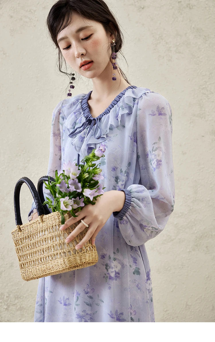 MISHOW Print Spring Summer Dress for Women New 2025 Ruffled V-neck Long Sleeve Blue French Dresses Female Fashion MXE15L2139
