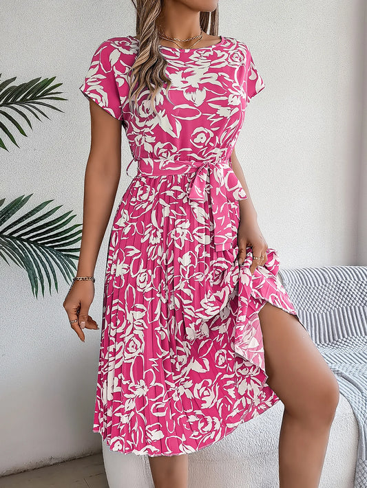 Spring Summer Elegant Flower Print Dress Short Sleeve Folded Dresses for Women Mother's Day
