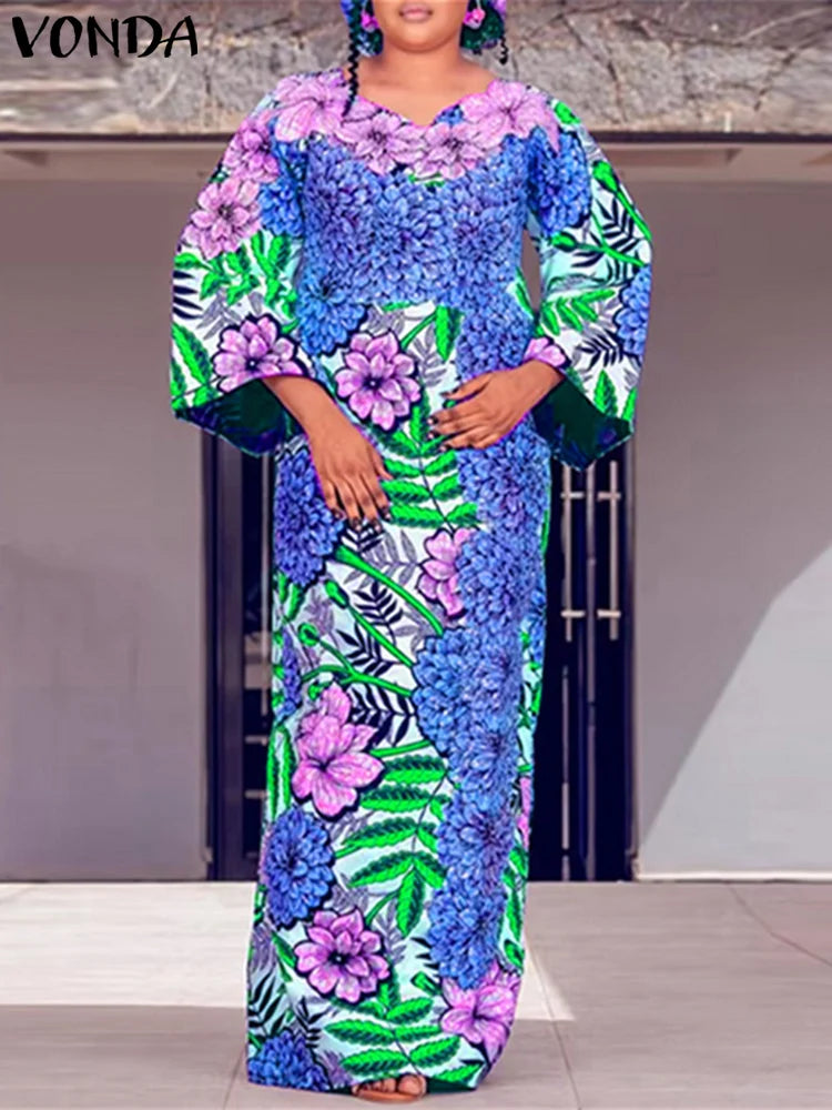 VONDA Bohemian Maxi Dress 2024 Elegant Floral Print Sundress Women Long Sleeve Casual Vestidos Holiday Casual Robe Oversized