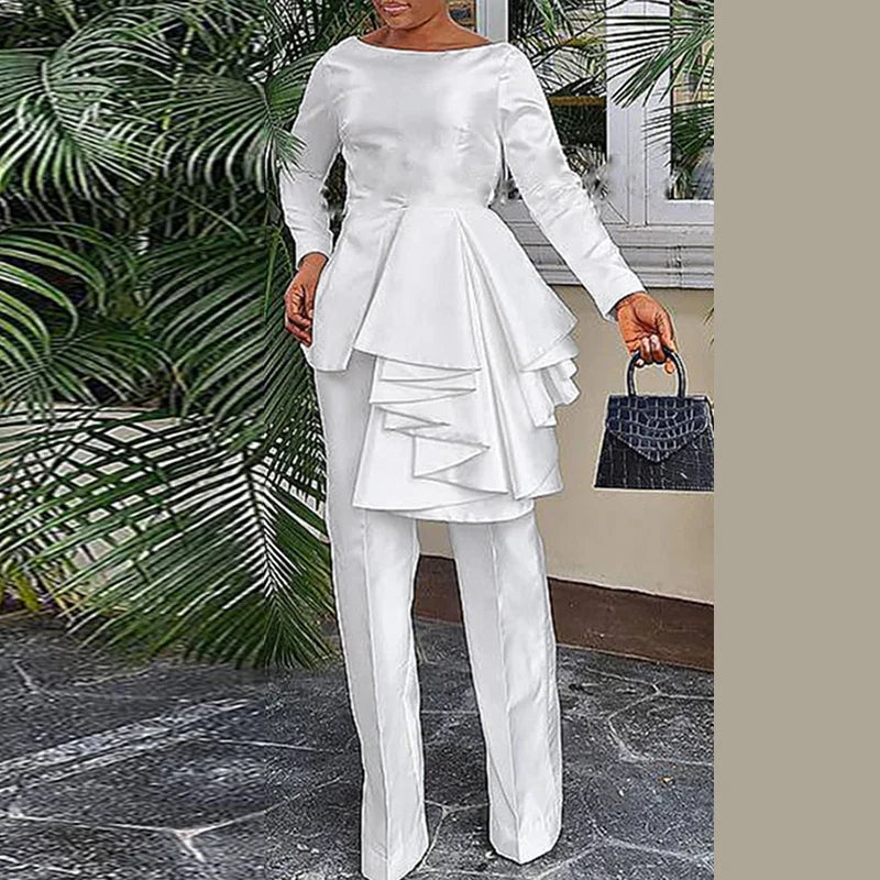 Plus Size VONDA 2024 Women Ruffled Sets Fashion Solid Color Suits Long Sleeve Irregular Top Patchwork Fitting Outfits 2pcs