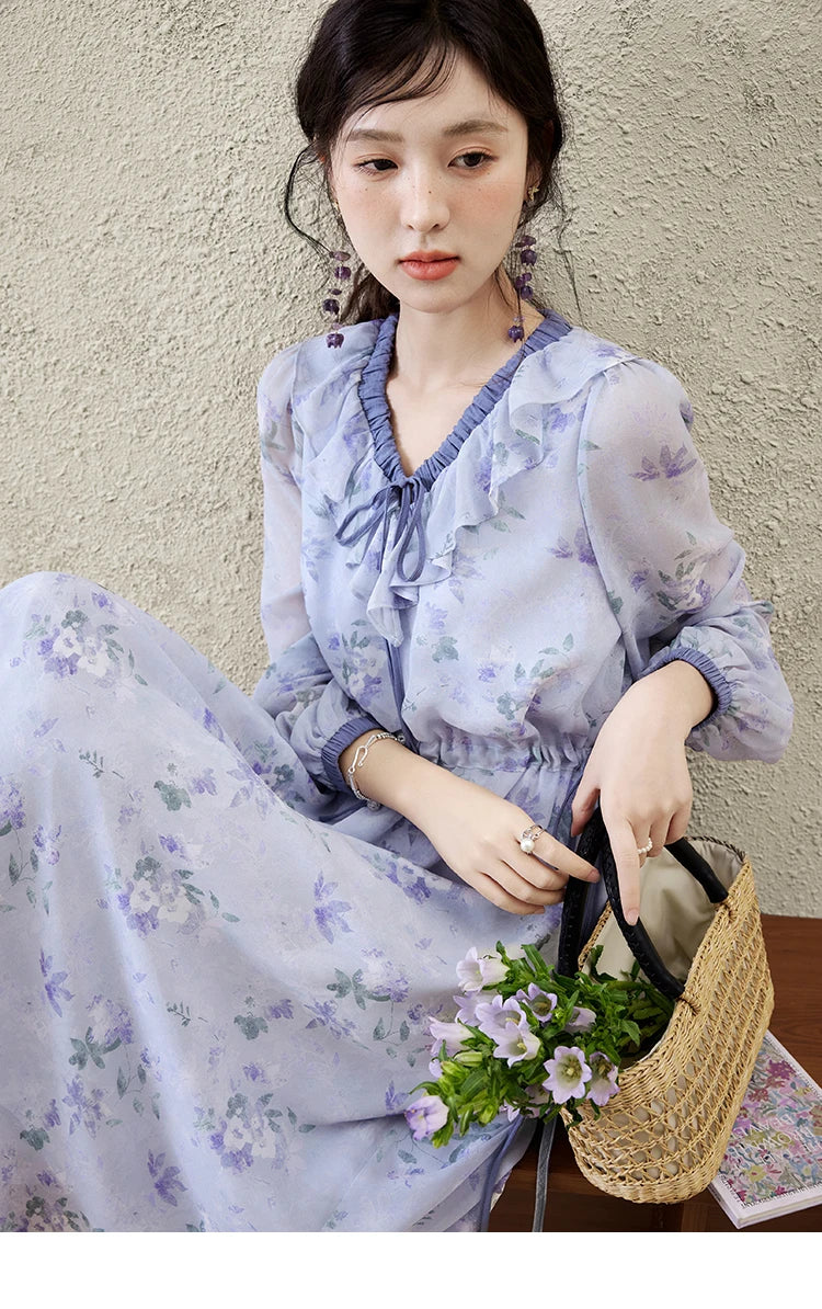 MISHOW Print Spring Summer Dress for Women New 2025 Ruffled V-neck Long Sleeve Blue French Dresses Female Fashion MXE15L2139