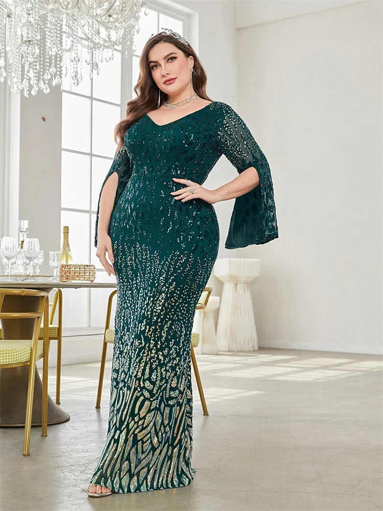 Plus Size Elegant Sequin Black Evening Dress 2025 Women Formal Maxi Prom Long Sleeves Party Luxury Cocktail Bridesmaid Gowns