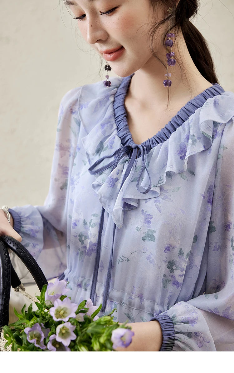 MISHOW Print Spring Summer Dress for Women New 2025 Ruffled V-neck Long Sleeve Blue French Dresses Female Fashion MXE15L2139