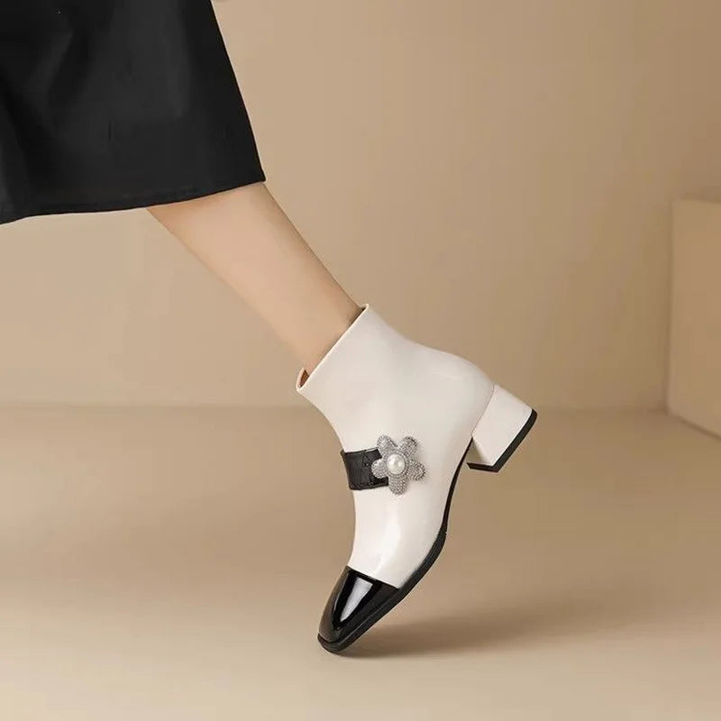FHC Mixed Colors Ankle Boots,Women's Short Botas,Autumn/Winter Shoes Booties,Square Toe,Pearls,Side Zip,Black,White,Dropship