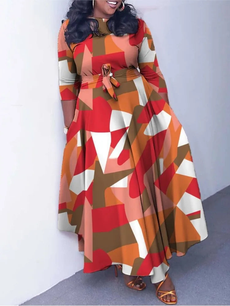 Women's 2024 Autumn New Style Fashionable Elegant Temperament Fashionable Printed Strap Waist Large Skirt Large Size Dress
