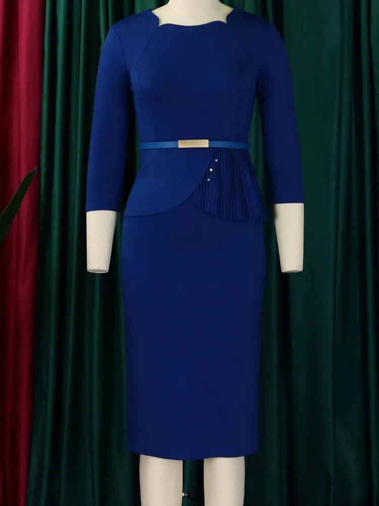 L-3XL Plus Size Elegant Midi Dress 2025 Spring Summer Women Office Lady Dress Casual 3/4 Sleeve Bandage Robe Oversize Dress
