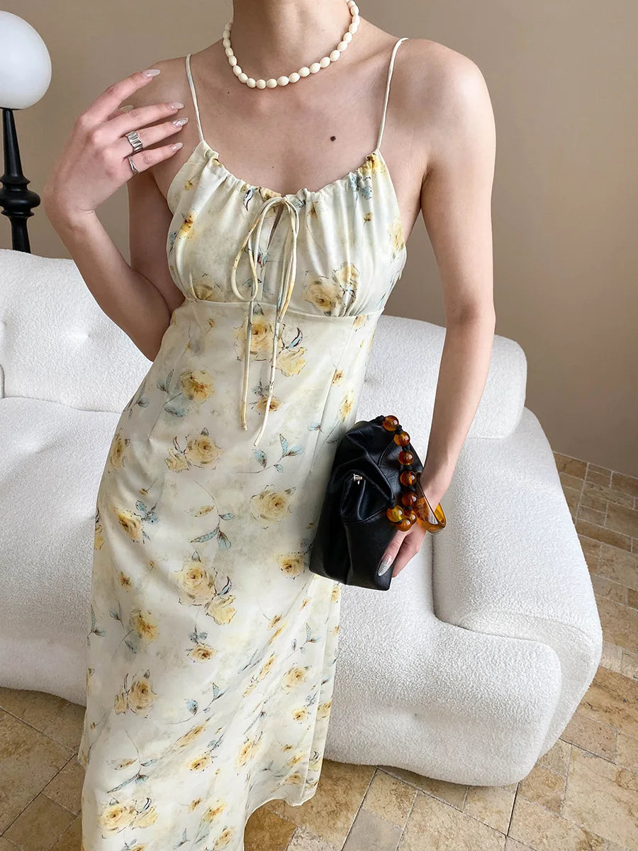 Spring and summer women's casual flower print slim fit suspender dress