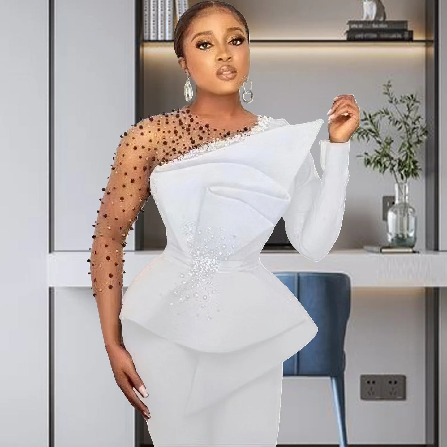 CM.YAYA Vintage Women Beading Mesh Patchwork Ruffles Fan-shaped Blazer Tops and Pants Suit Two 2 Piece Set Outfits Tracksuit