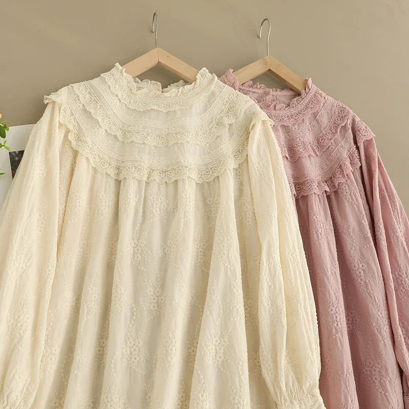 Spring Sweet Mori Girl Hollow Out Embroidered Dress Women Harajuku Long Sleeve Casual Midi Dresses