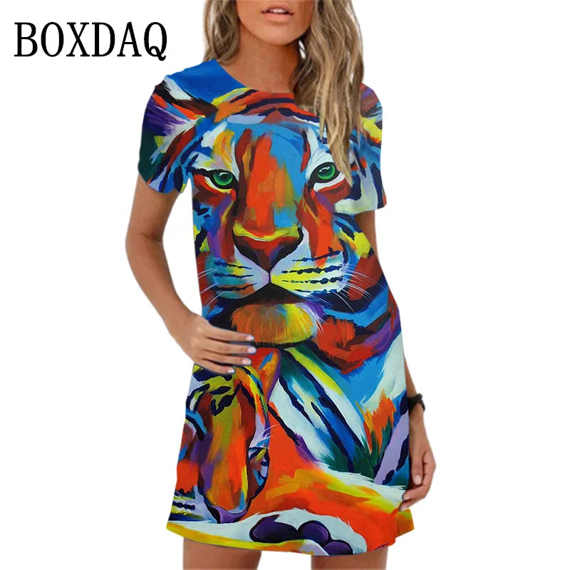 2024 New Spring Women Dresses Fashion Tiger Pattern Printing Short Sleeve Dress Summer Casual Oversized A-Line Mini Dress Womans