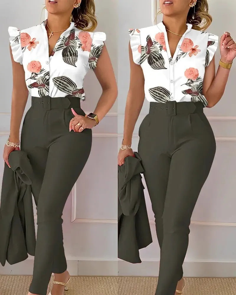 Elegant Women Printed Two Piece Suit Sets Spring Autumn V Neck Short Sleeve Shirt Top & Long Pants Set With Belt Workwear Outfit