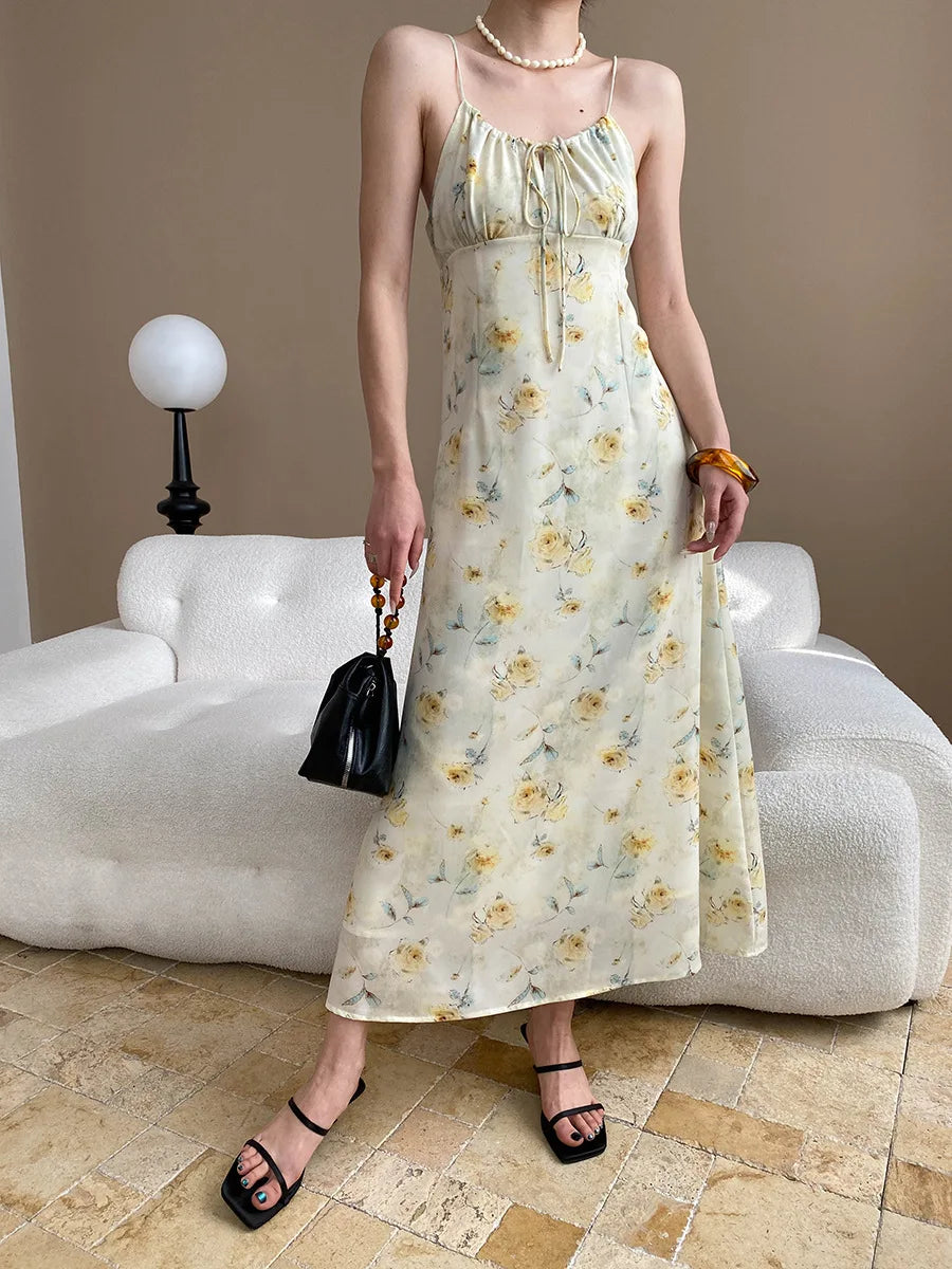 Spring and summer women's casual flower print slim fit suspender dress