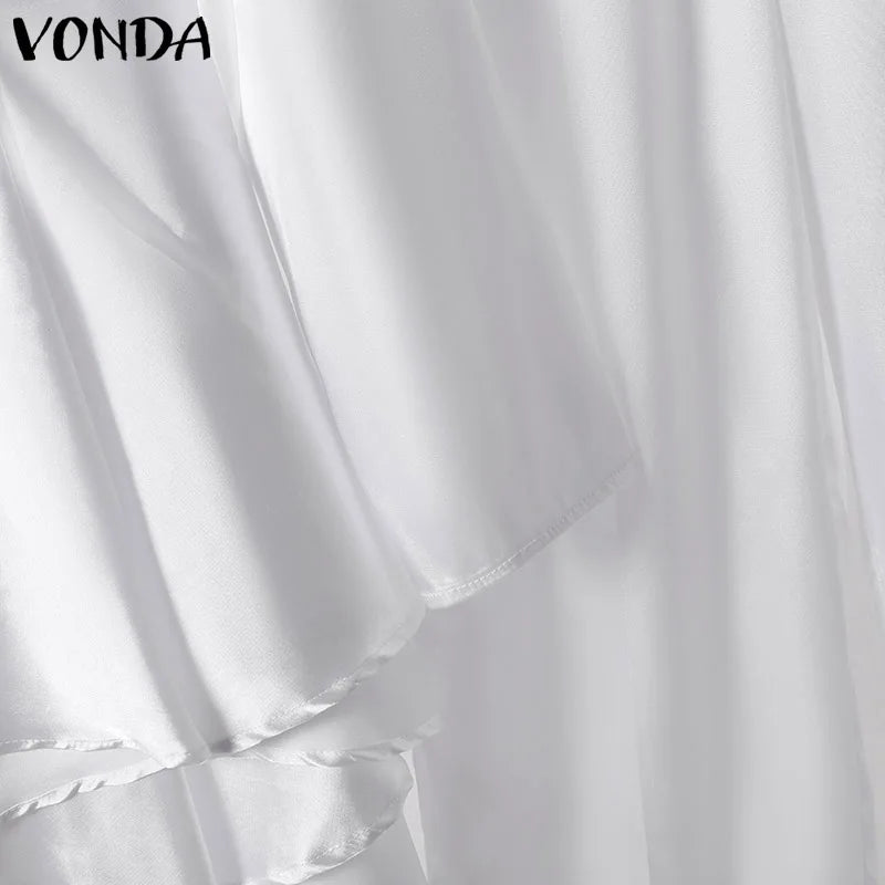 Plus Size VONDA 2024 Women Ruffled Sets Fashion Solid Color Suits Long Sleeve Irregular Top Patchwork Fitting Outfits 2pcs
