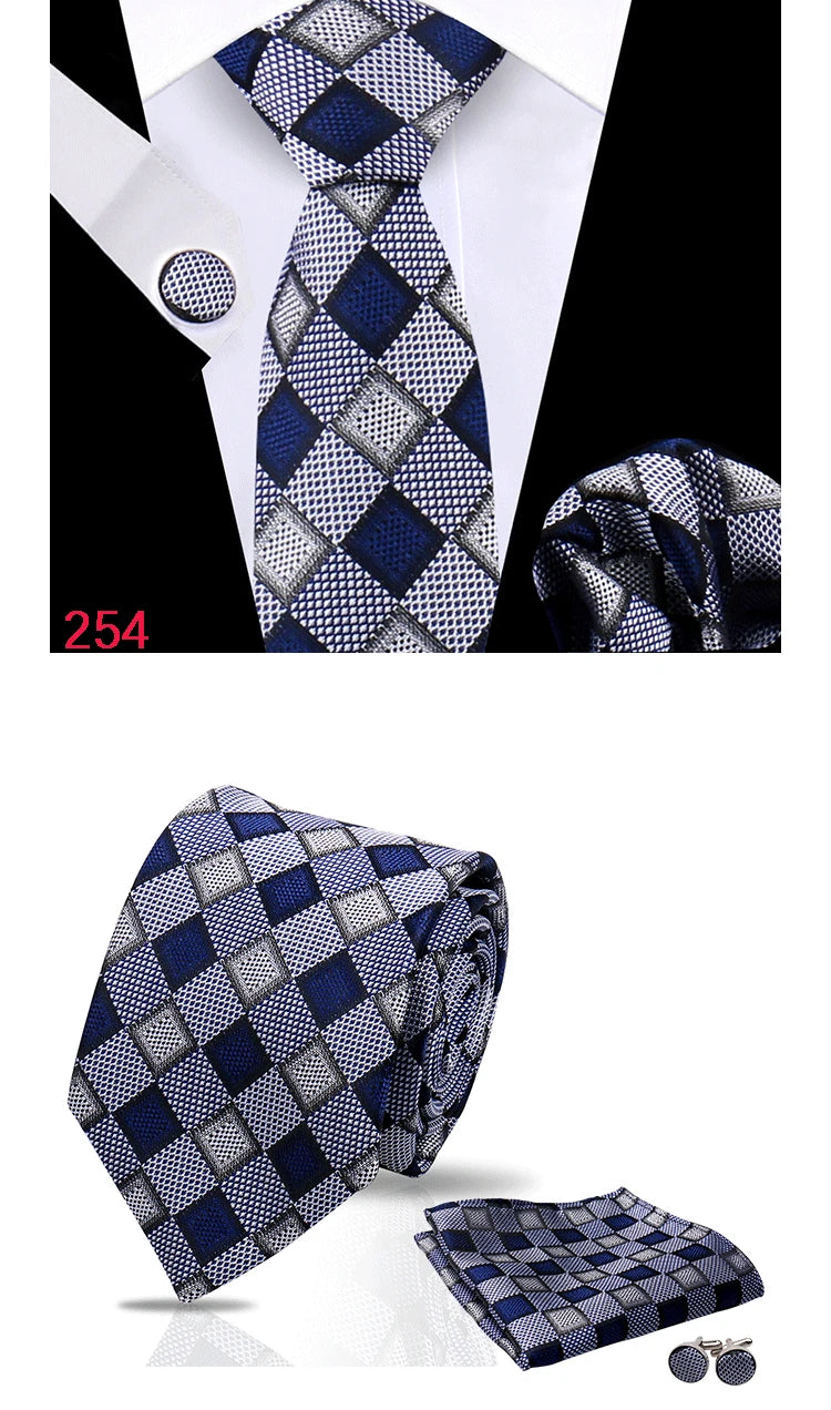 Luxury Plaid Tie For Mens Necktie Handkerchief Pocket Square Cufflinks Set Jacquard Woven Ties Wedding Business Accessories