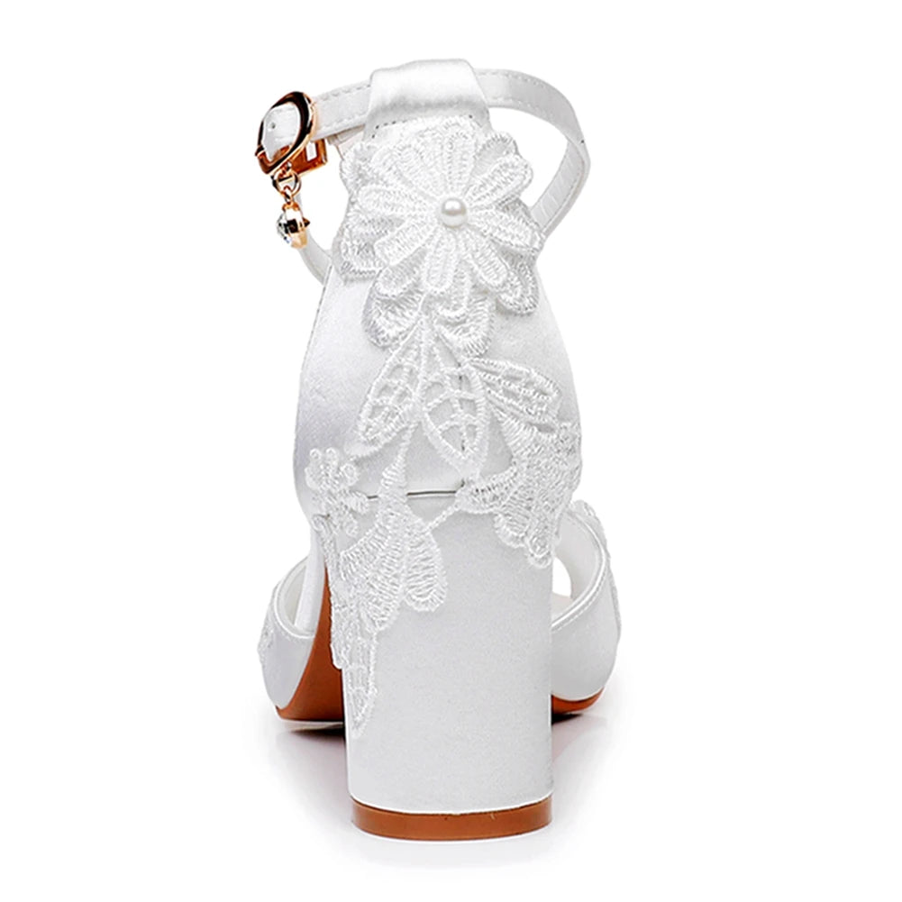 Crystal Queen Bride Sandals Solid Flower Chunky High Heel Ankle Buckle Pumps Elegant White Lace Women Wedding Shoes