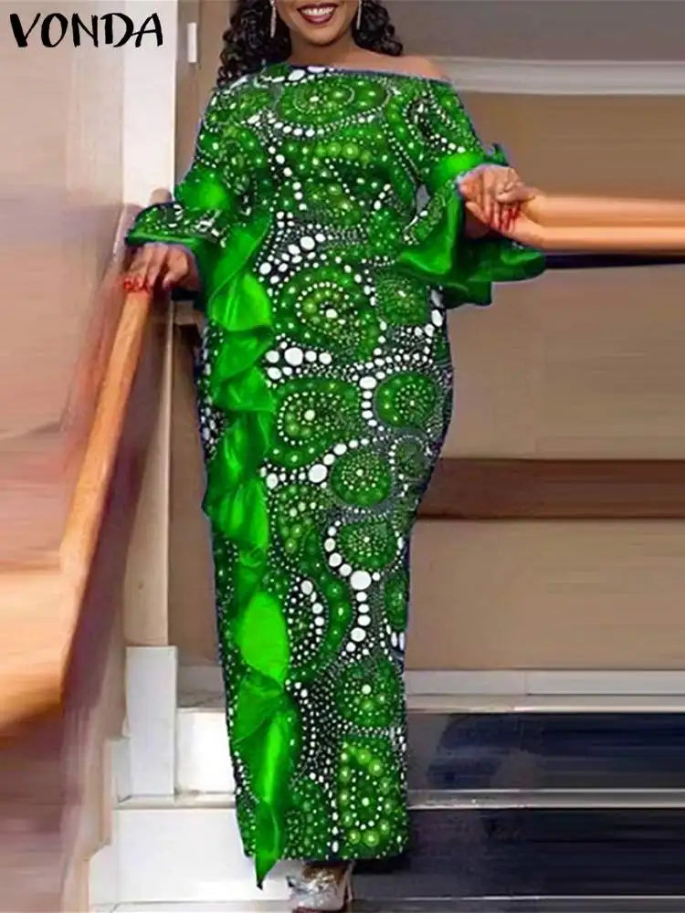 Plus Size 5XL VONDA Women One Off Sholuder Maxi Dress Bohemian Ruffled Printed Vestidos 2024 Fashion Casual Floor-Length Robe