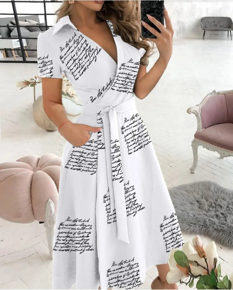 Women's New Short Sleeve Dress Spring Summer Fashion V-neck Printed Bag Hip Dress for Women Temperament Personality Wear