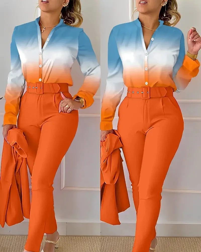 Women's Elegant Autumn/Winter Printed V-Neck Long Sleeve Button Shirt Top Fashion Solid Color Long Pants 2 Piece Set With Belt