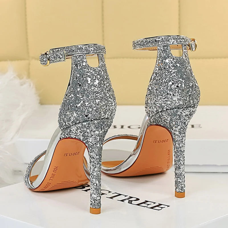 Women Summer Platform Sandals 10cm High Heels Silver Bling Sequins Ankle Strappy Sandles Lady Wedding Event Party Sparkly Shoes