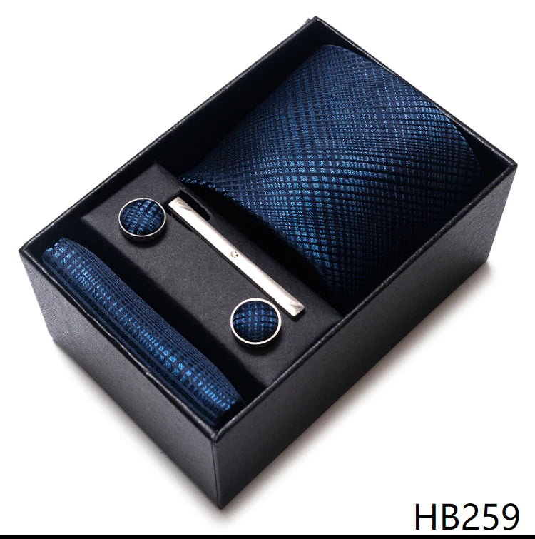 Tie Handkerchief Cufflink Set For Men Necktie Holiday Gift Box Blue Gold Suit Accessories Slim Wedding Gravatas