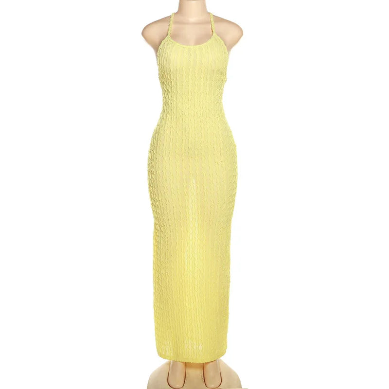 ANJAMANOR Halter Backless Maxi Summer Dresses for Women 2023 Sexy Beach Vacation Outfits Yellow Frilled Slit Long Dress D96-BH26
