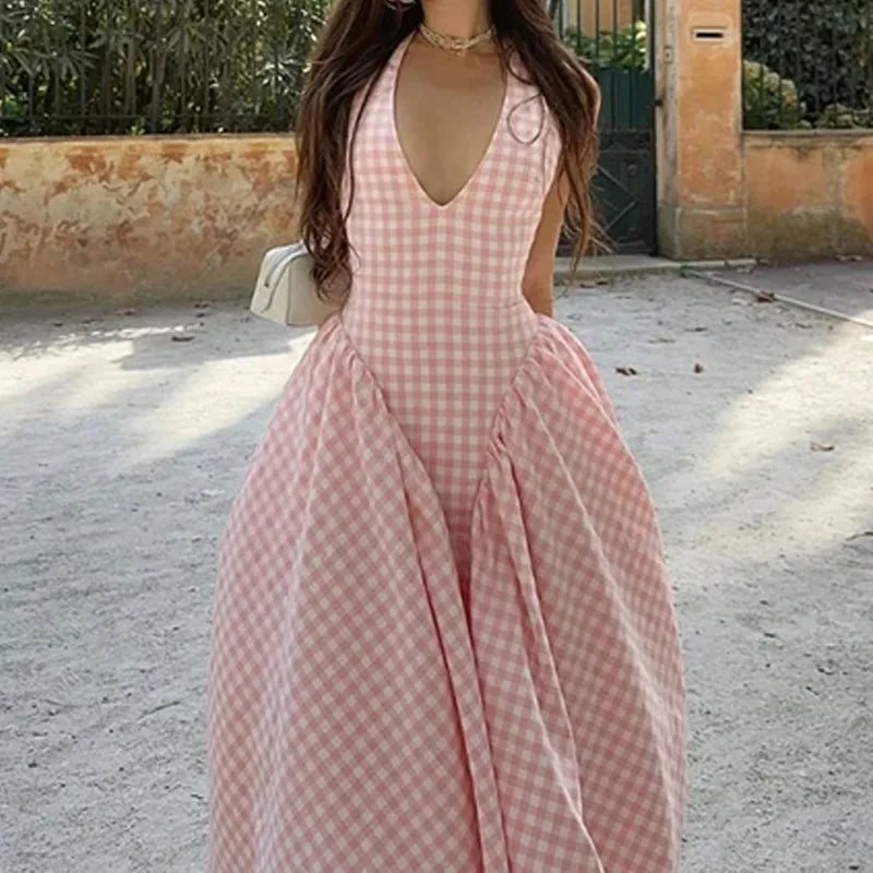 Women's Long Dress Spring Summer 2025 Elegant Hanging Neck V-neck Cinched Waist French Pink Dress Rock Damen Vestido Robe Femme