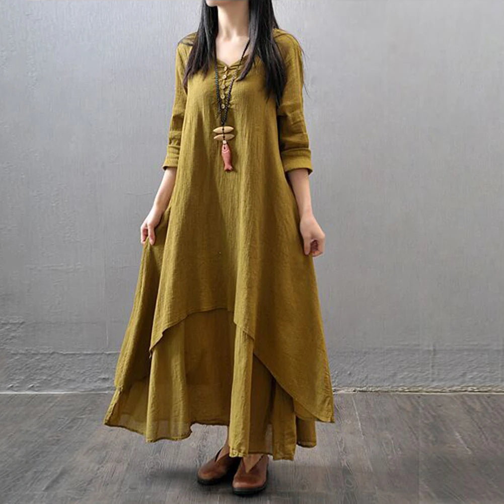 Anself Spring Fashion Women Casual Loose Dress Solid Color Long Sleeve Oversized Ladies Dresses Plus Size Boho Long Maxi Dress