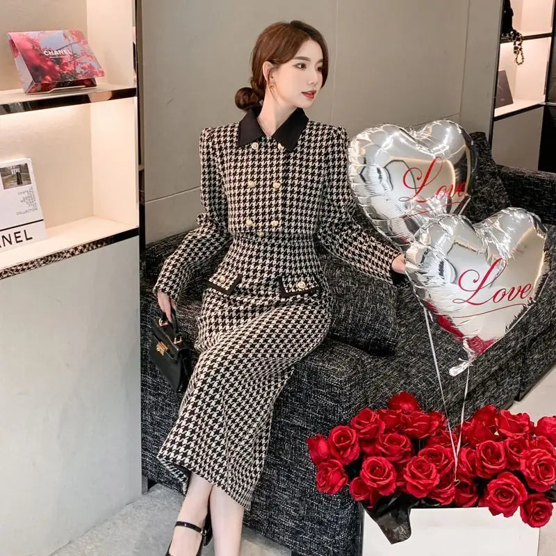 Spring Autumn New Dress Set Women Turn-down Collar Long Sleeve Button Patchwork Cardigan Elegant Slim All-match Slip Dresses