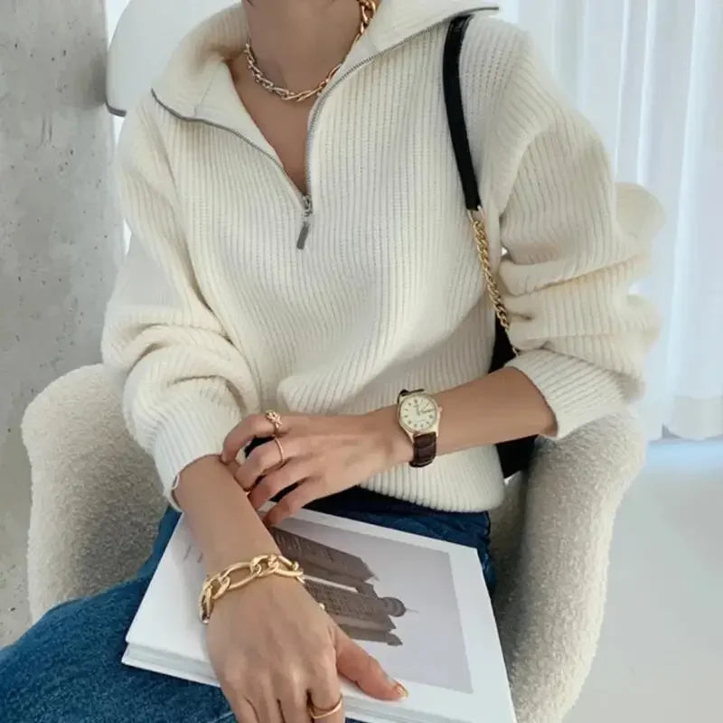 Zipper Knitted Sweaters for Women Autumn Winter New Thicken Warm Jumpers Casual Simple Solid Color Women's Oversized Pullovers