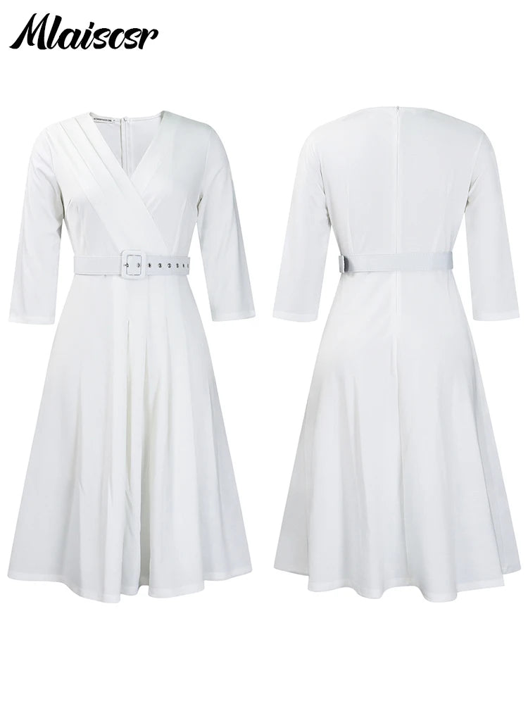 Mlaiscsr Evening Gowns Dresses with Belt Women Clothing V Neck 3/4 Sleeves A Line Pleataed Dress Occasion Elegant Office Outfits