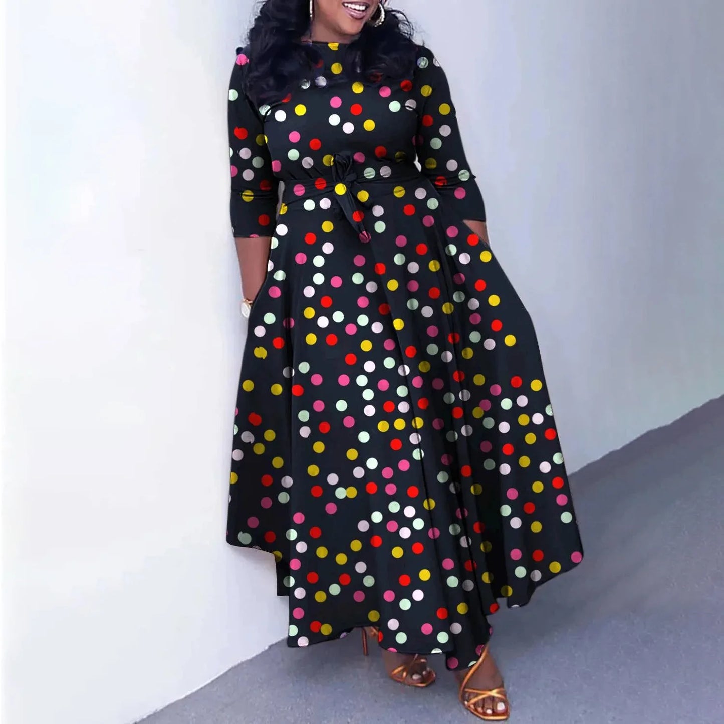 Women's 2024 Autumn New Style Fashionable Elegant Temperament Fashionable Printed Strap Waist Large Skirt Large Size Dress