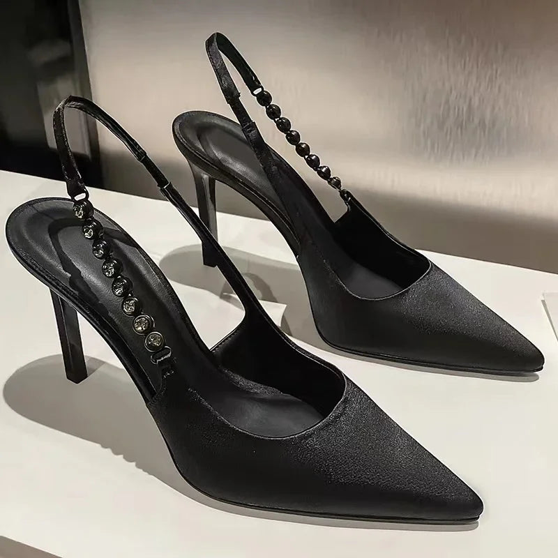Shiny High Heels Slingback Women Pumps Metallic Crystal Sandals Pointy Toe Stiletto Heeled Shoes Silver Party Dress Shoes Woman