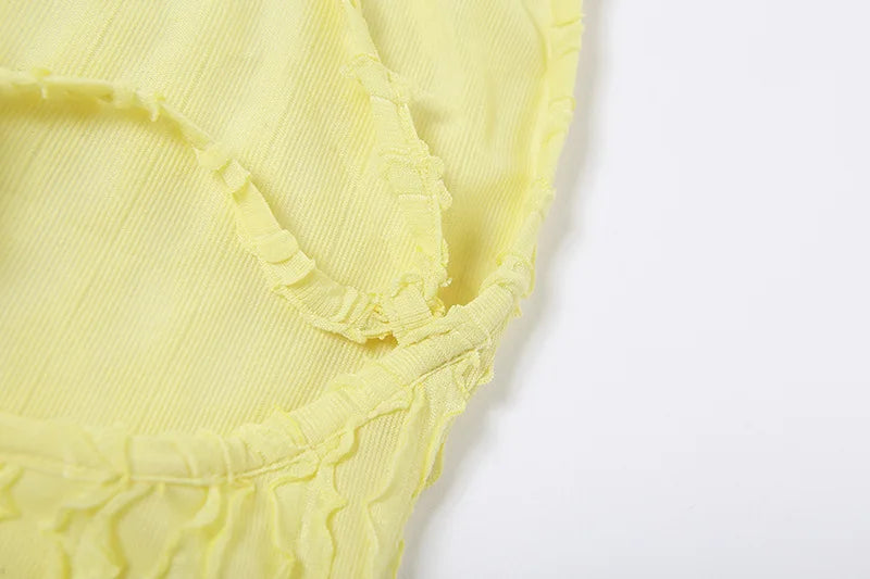 ANJAMANOR Halter Backless Maxi Summer Dresses for Women 2023 Sexy Beach Vacation Outfits Yellow Frilled Slit Long Dress D96-BH26