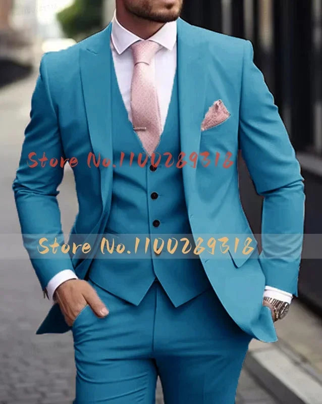 Pink Luxury Men's Suits Terno Formal Outfits 3 Piece Jacket Pants With Vest Slim Fit Luxury Costume Homme Formal Occasion Terno