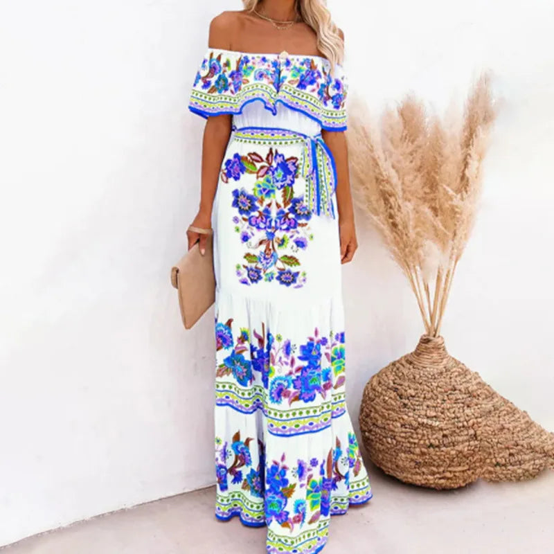 2024 Spring Summer Women's New Sexy One Shoulder Off Shoulder Fashion Red Flower Printed Lace Up Waist Long Swing Dress