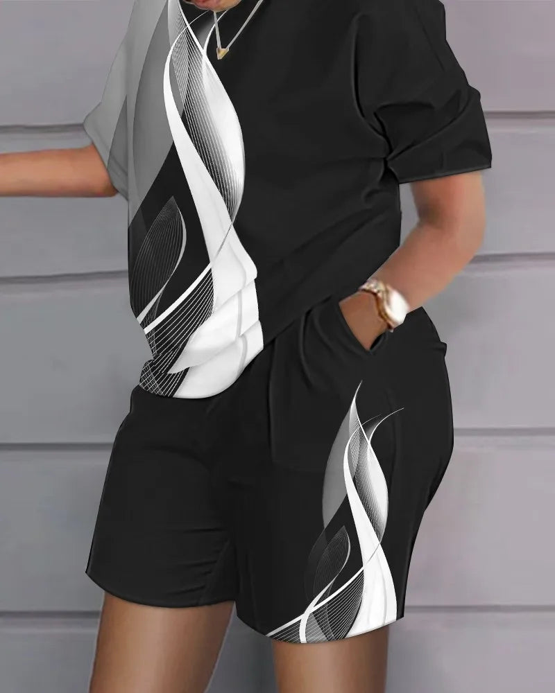 Women's clothing, round neck printed loose short sleeved T-shirt, shorts, casual sportswear, novelty for summer 2024