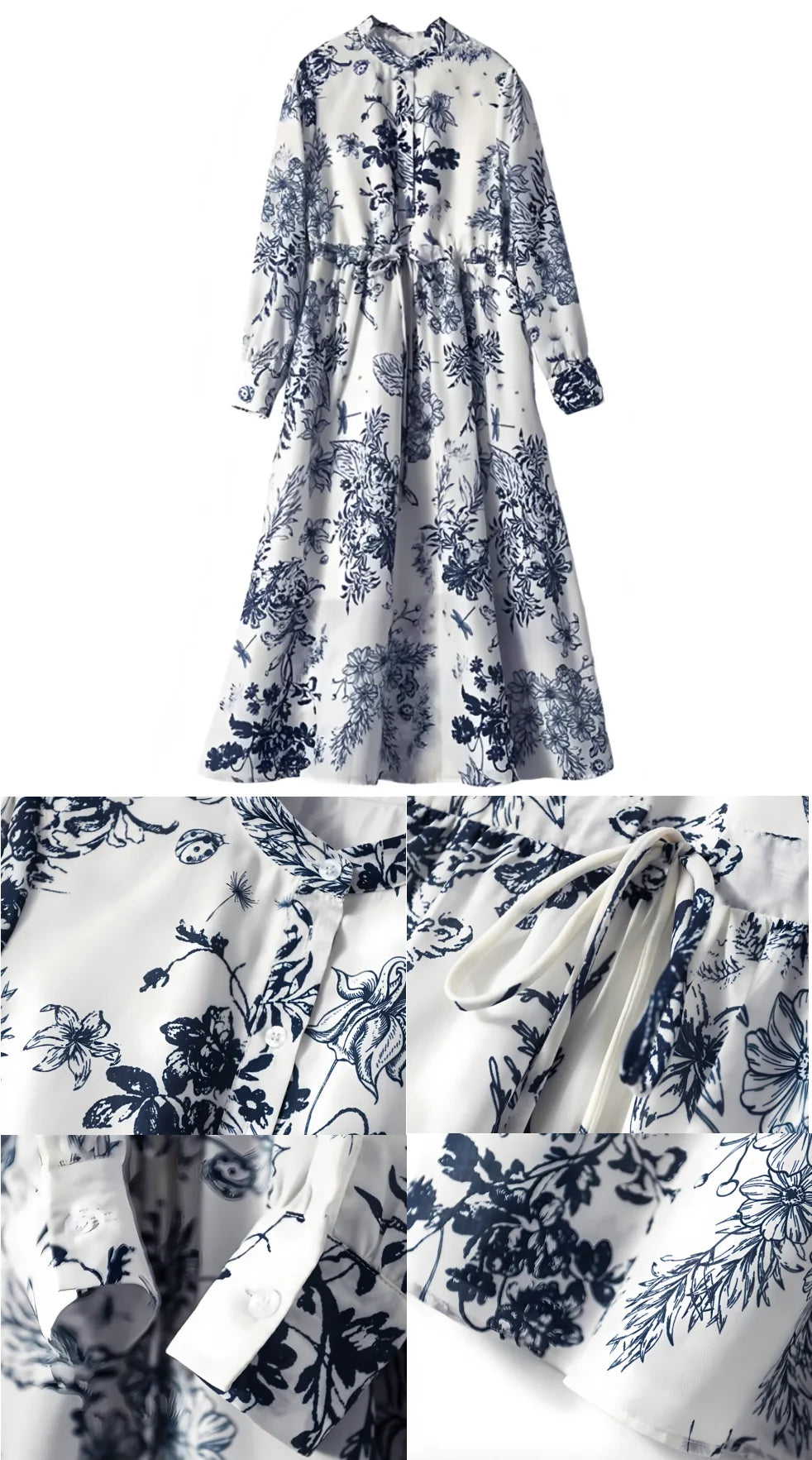 Women's spring and fall vintage print dress interpretation of elegant temperament lace-up slim French long sleeve long skirt