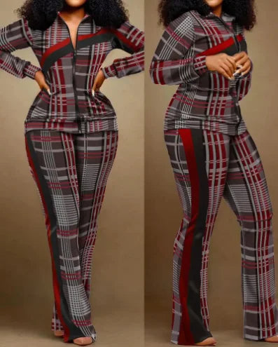 Two Piece Set Women Outfit 2023 Autumn Fashion Geometric Print Stand Collar Long Sleeve Zip Up Top & Casual Sporty Pants Set