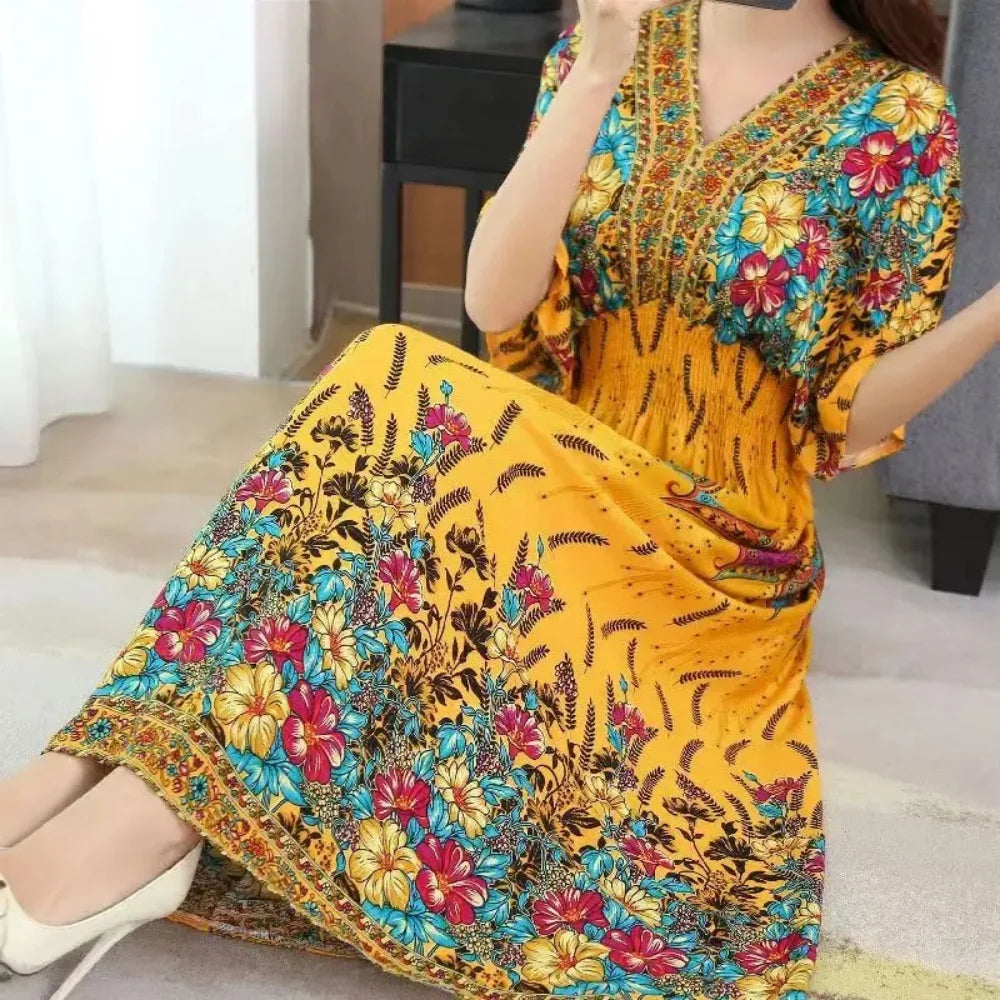 Spring New In Women's Dress V-Neck Short Sleeve Dress Elegant Sweet Print Dress Casual Retro Boho Elastic Waist A-Line Dress