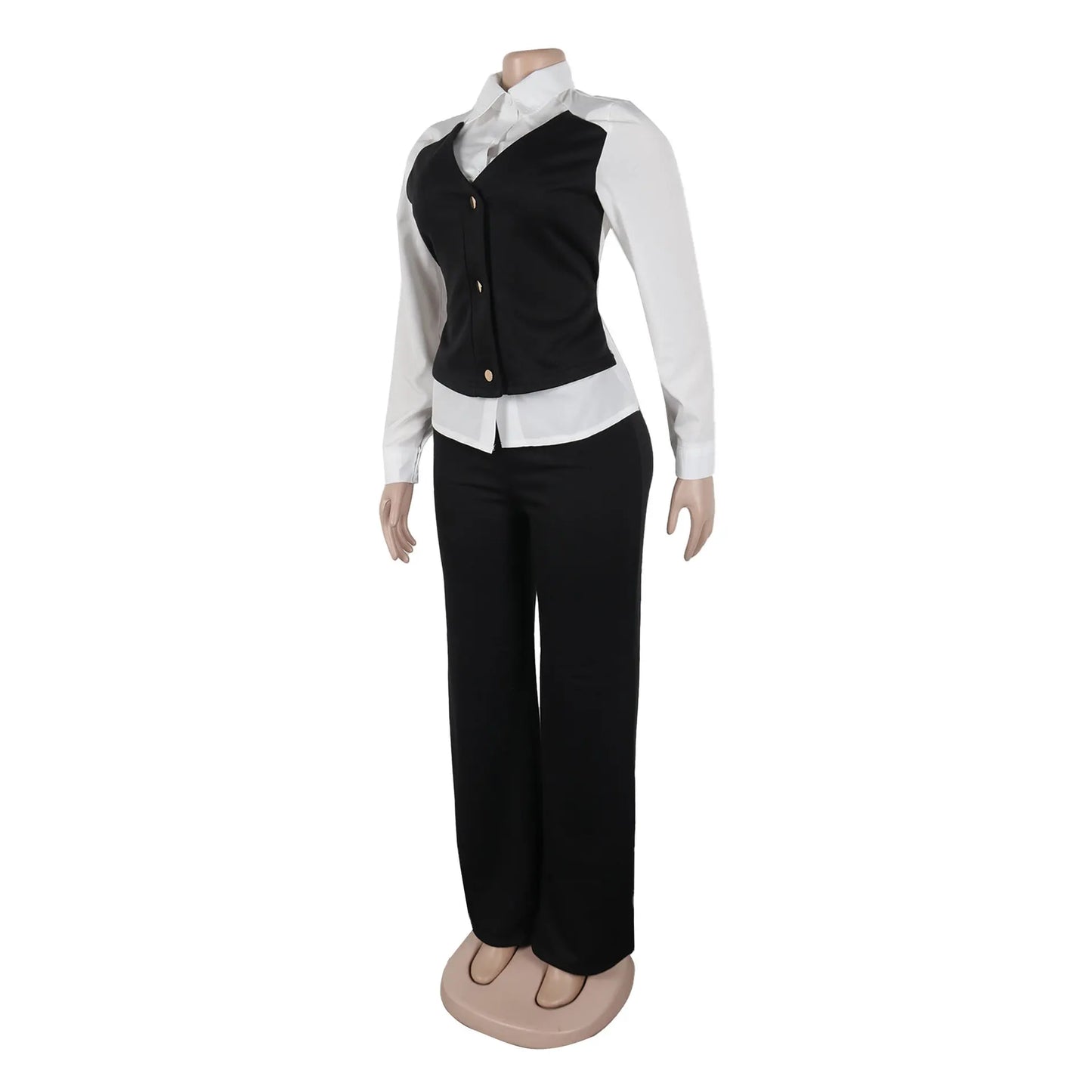 HLJ Elegant Lady Patchwork Shirts Two Piece Sets Women Lapel Long Sleeve Button Top And Pants Outfits Autumn OL 2pcs Clothing