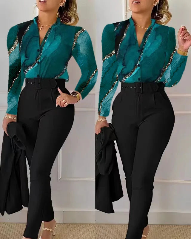 Women's Elegant Autumn/Winter Printed V-Neck Long Sleeve Button Shirt Top Fashion Solid Color Long Pants 2 Piece Set With Belt