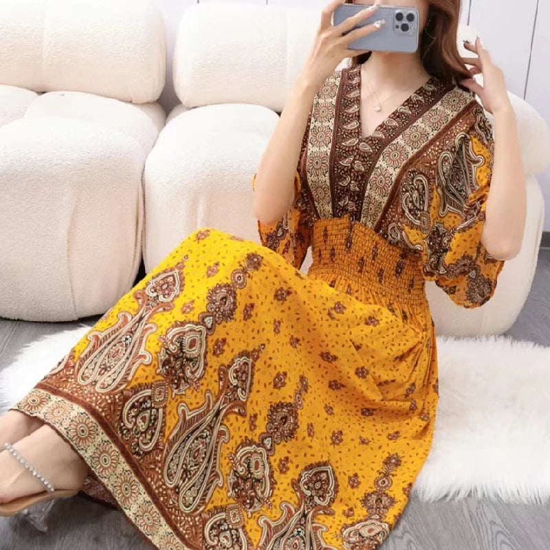Spring New In Women's Dress V-Neck Short Sleeve Dress Elegant Sweet Print Dress Casual Retro Boho Elastic Waist A-Line Dress