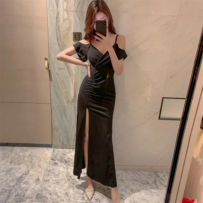 Spring Women Red Evening Party Dresses Short Sleeve V Neck Fit And Flare Long Maxi Summer Dress Lady Prom Gown Robe Longue Femme